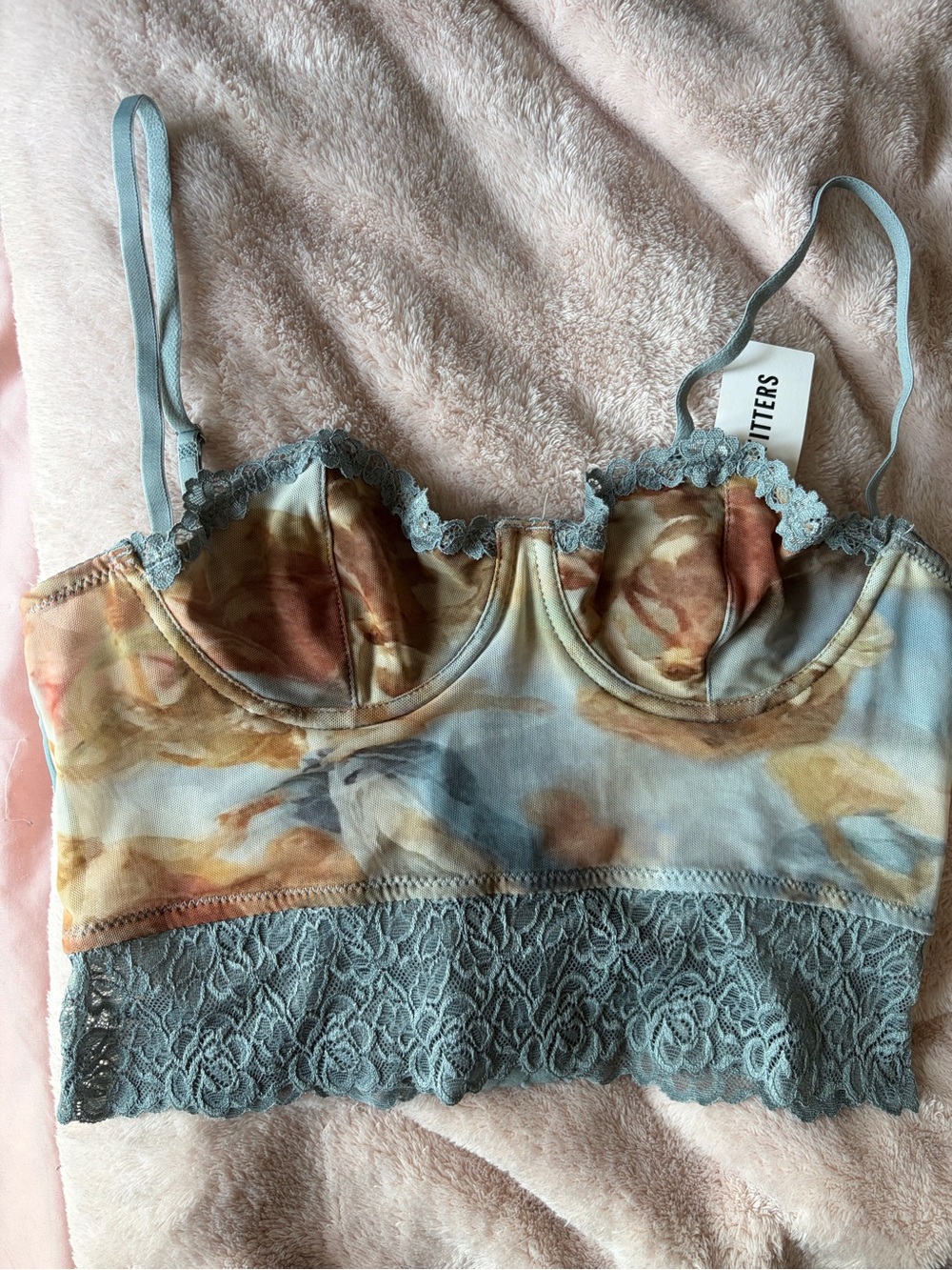 Urban Outfitters Mesh Bralette Crop in Slate Blue & Warm Multi Cherub print